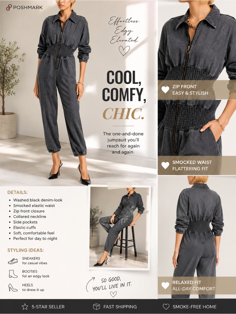 Steve Madden Coya Smocked Waist Zipper Jumpsuit. Charcoal black. Sz Sm. NWOT
